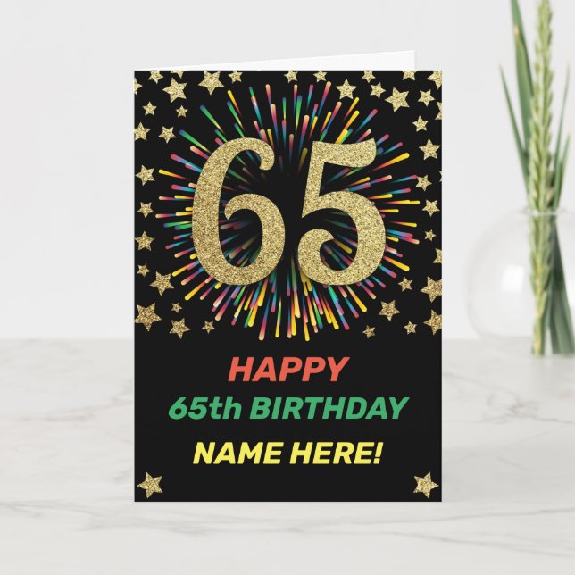 Fireworks 65th Birthday Colourful Rainbow Gold Card (Front)