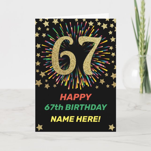 Fireworks 67th Birthday Colorful Rainbow Gold Card (Front)