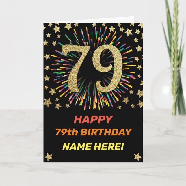 Fireworks 79th Birthday Colorful Rainbow Gold Card (Front)
