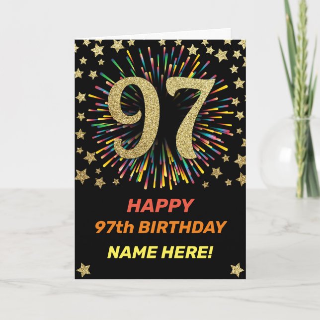 Fireworks 97th Birthday Colorful Rainbow Gold Card (Front)