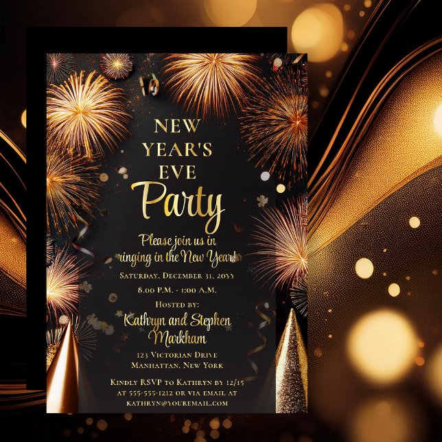 Fireworks Black Gold New Years Eve Party (Elegant Gold Tone Fireworks on Dramatic Black Real Gold Foil Text New Year's Eve Party Invitation)