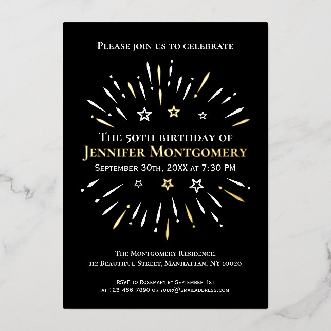 Fireworks Black White Gold 50th Birthday Party (Front)