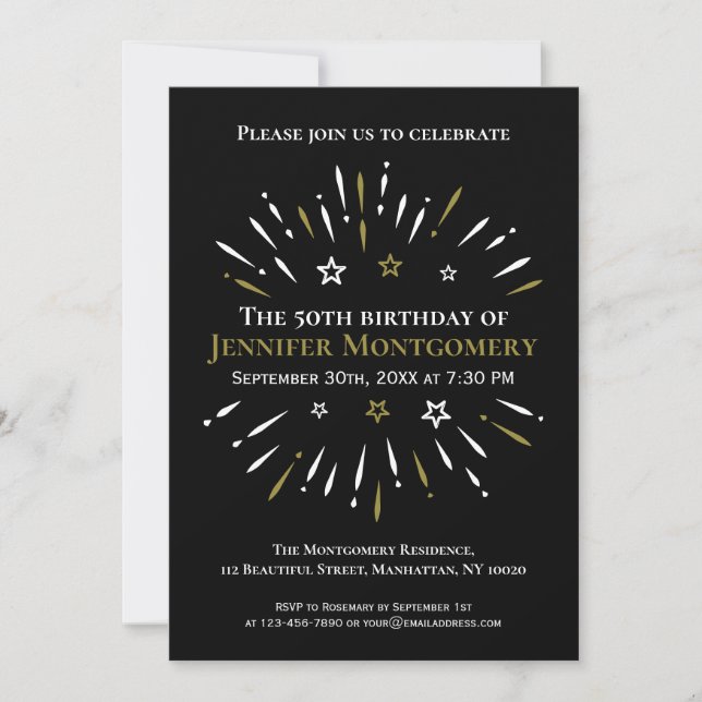 Fireworks Black White Gold 50th Birthday Party Invitation (Front)