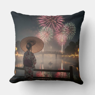 Fireworks bloom in the night sky cushion