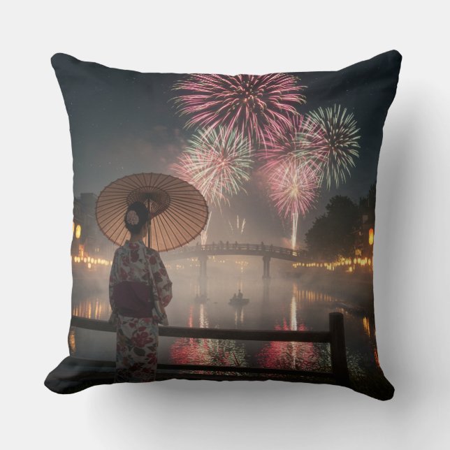 Fireworks bloom in the night sky cushion (Front)