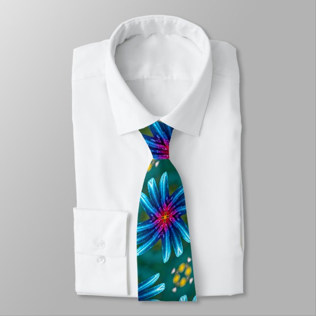 Fireworks Blue Flowers Pattern Tie (Tied)