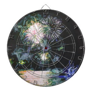 Fireworks Blue Ocean Boat 4th of July Watercolor Dartboard