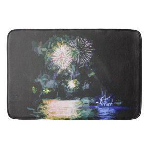 Fireworks Boat Artsy Watercolor Ocean Evening Bath Mat