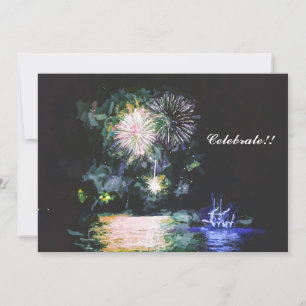 Fireworks Celebrate Boat Watercolor New Year Holiday Card