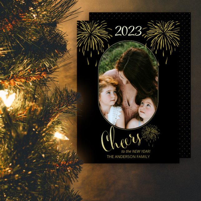 Fireworks Cheers to the New Year 2023 Photo Gold Foil Holiday Card (Creator Uploaded)