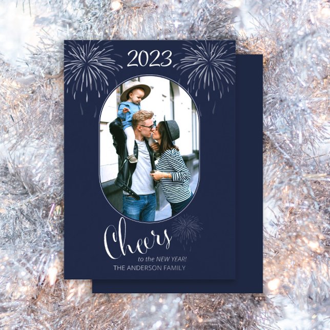 Fireworks Cheers to the New Year 2023 Photo Silver Foil Holiday Card (Creator Uploaded)