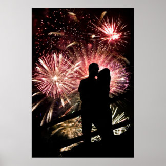 Fireworks Couple Kissing Silhouette Poster