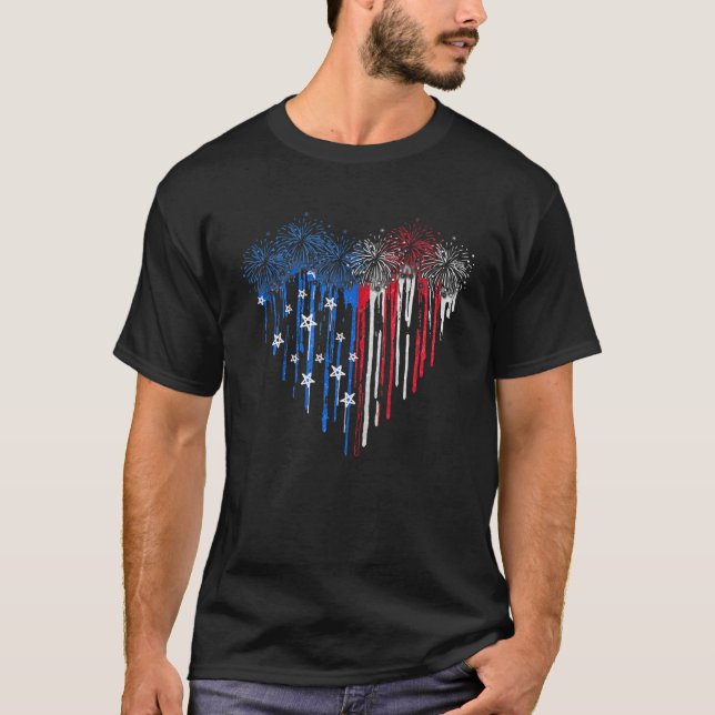 Fireworks Dripping Heart American Flag Patriotic 4 T-Shirt (Front)