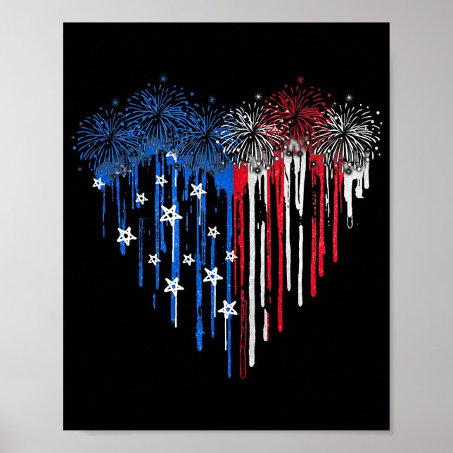 Fireworks Dripping Heart American Flag Patriotic Poster (Front)