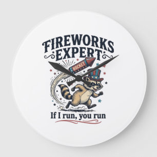 Fireworks Expert Raccoon Vintage Fourth of July Sh Large Clock