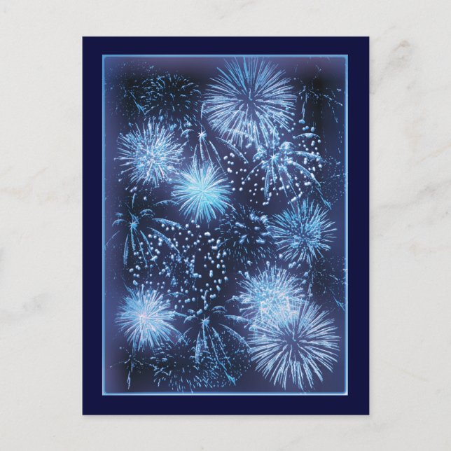 Fireworks exploding blue sky postcard (Front)