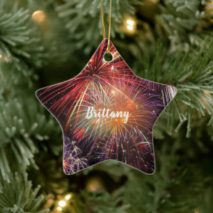 Fireworks Finale Custom Name Ceramic Tree Decoration