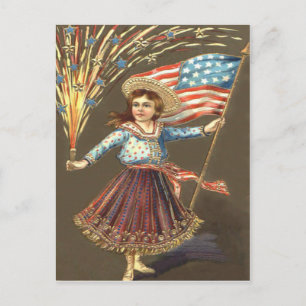 Fireworks Firecracker Girl US Flag Star Postcard