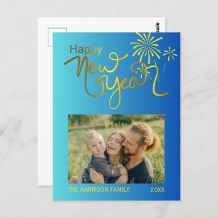 Fireworks Gold Happy New Year Photo Blue Gradient Postcard