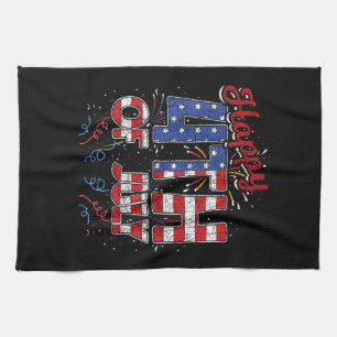 Fireworks Happy 4th of July US Flag American 4th o Tea Towel