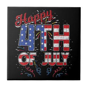 Fireworks Happy 4th Of July US Flag American 4th O Tile