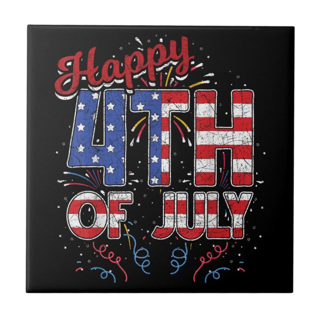 Fireworks Happy 4th Of July US Flag American 4th O Tile (Front)