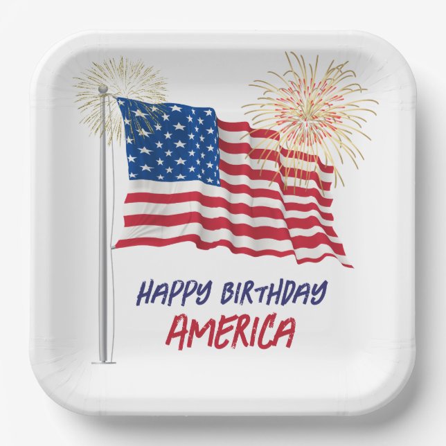 Fireworks Happy Birthday America and Flag Paper Plate (Front)