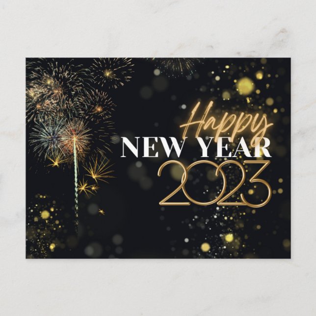 Fireworks Happy New Year 2023 Gold & Black Holiday Postcard (Front)