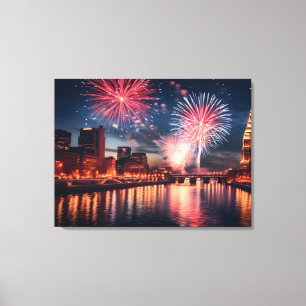 Fireworks in night city canvas print