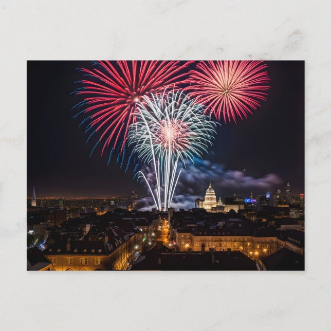 Fireworks in night city postcard (Front)