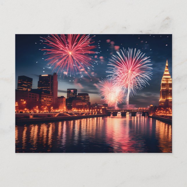 Fireworks in night city postcard (Front)