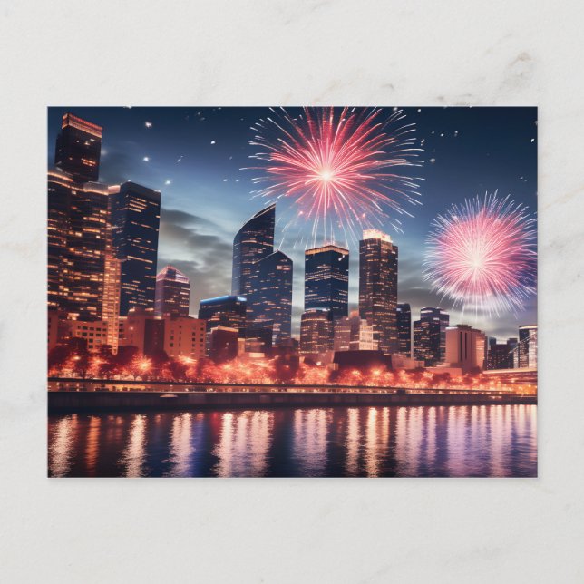 Fireworks in night city postcard (Front)