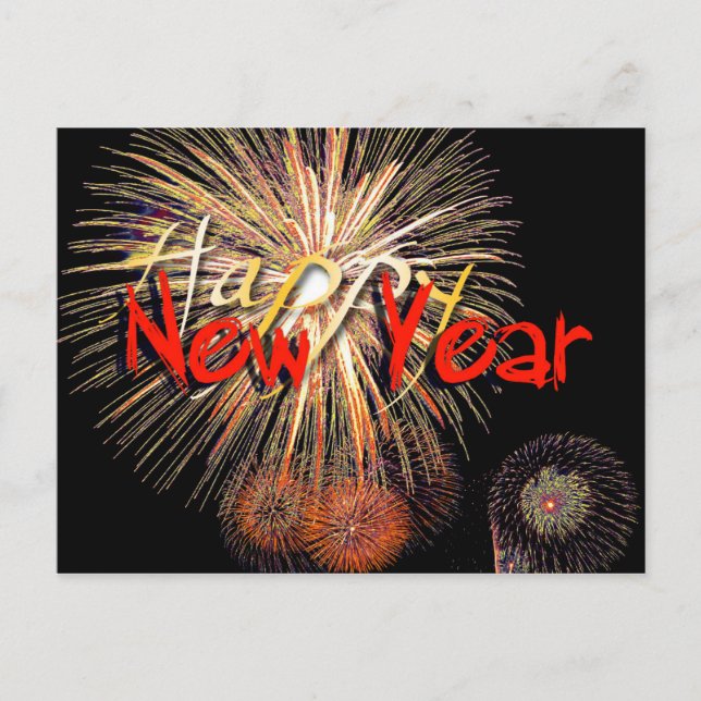 Fireworks in Red Happy New Year 2025 Postcard (Front)