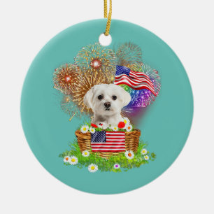 Fireworks Maltese Dog 4th Of July USA Flag  Ceramic Tree Decoration