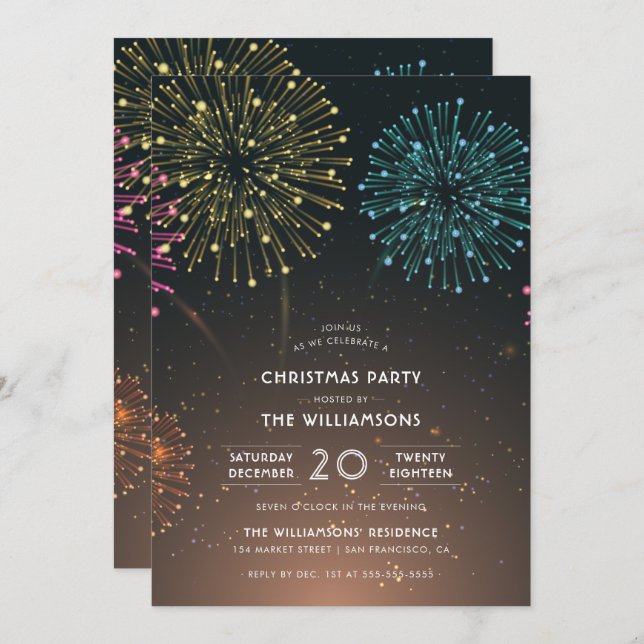 Fireworks | Modern Typography Christmas Party Invitation (Front/Back)