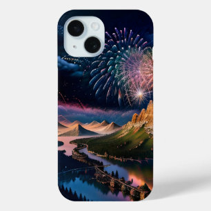 FireWorks Mountain Bridge Village River Landscape iPhone 15 Case