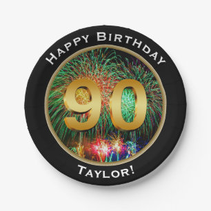 Fireworks Ninetieth 90th  Birthday with Name Paper Plate