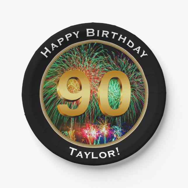 Fireworks Ninetieth 90th  Birthday with Name Paper Plate (Front)