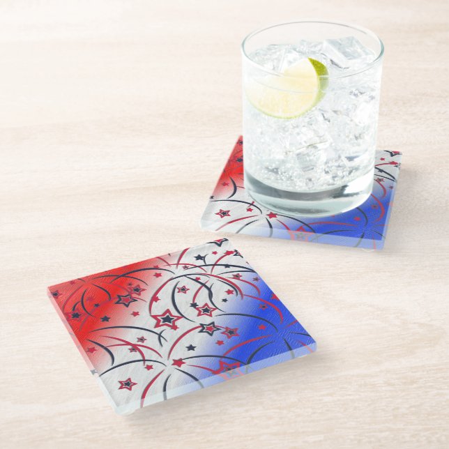 Fireworks on Red White Blue Glass Coaster (Angled)
