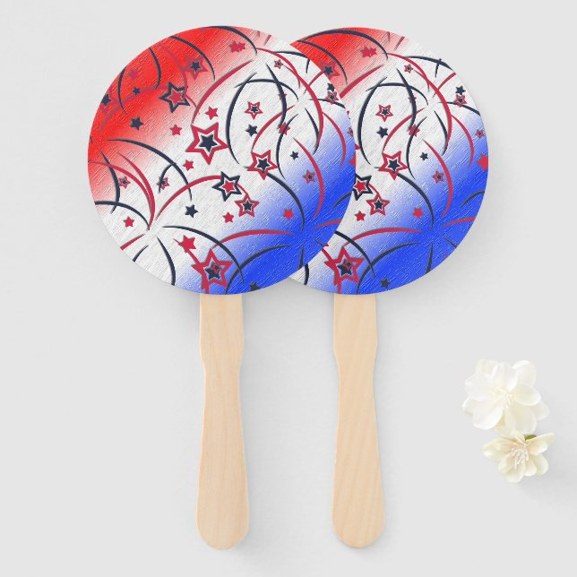 Fireworks on Red White Blue Hand Fan (Front and Back)