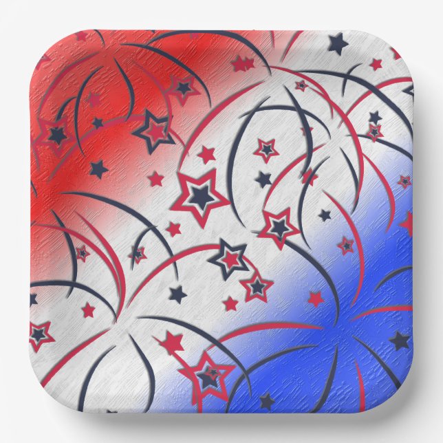 Fireworks on Red White Blue Paper Plate (Front)