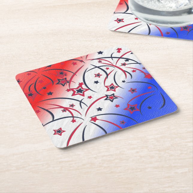 Fireworks on Red White Blue Square Paper Coaster (Angled)