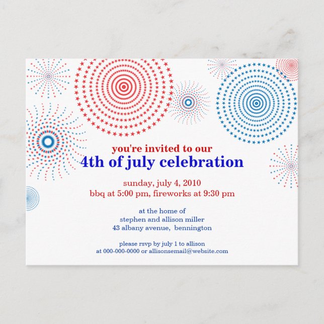 Fireworks On The Fourth Invitation Postcard (Front)