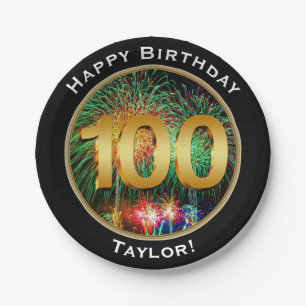 Fireworks One Hundredth 100th Birthday with Name Paper Plate