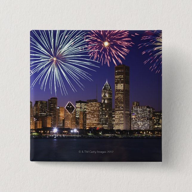 Fireworks over Chicago skyline 15 Cm Square Badge (Front)