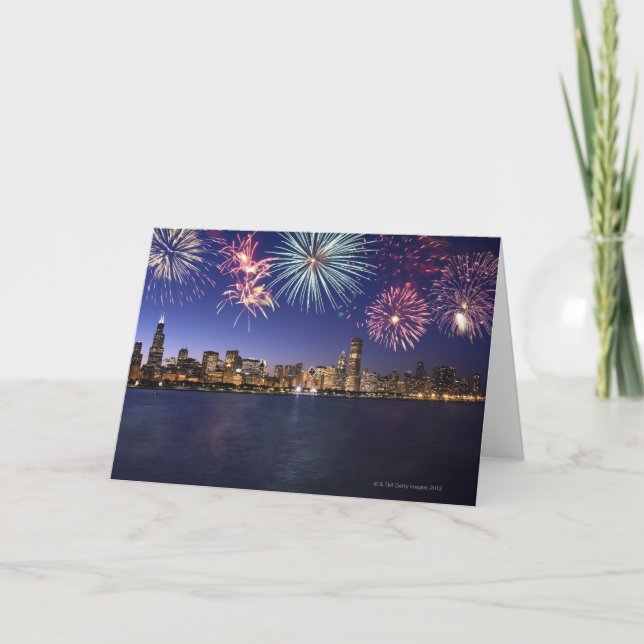 Fireworks over Chicago skyline 2 Card (Front)
