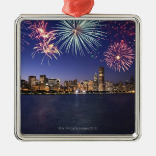 Fireworks over Chicago skyline 2 Metal Tree Decoration