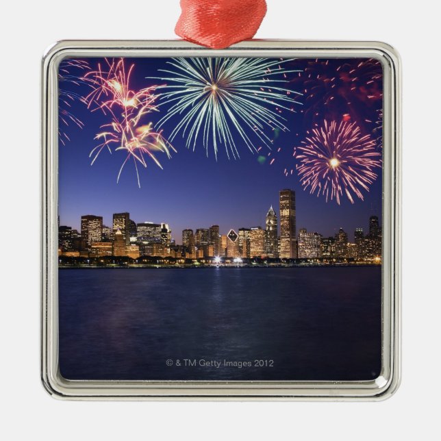 Fireworks over Chicago skyline 2 Metal Tree Decoration (Front)