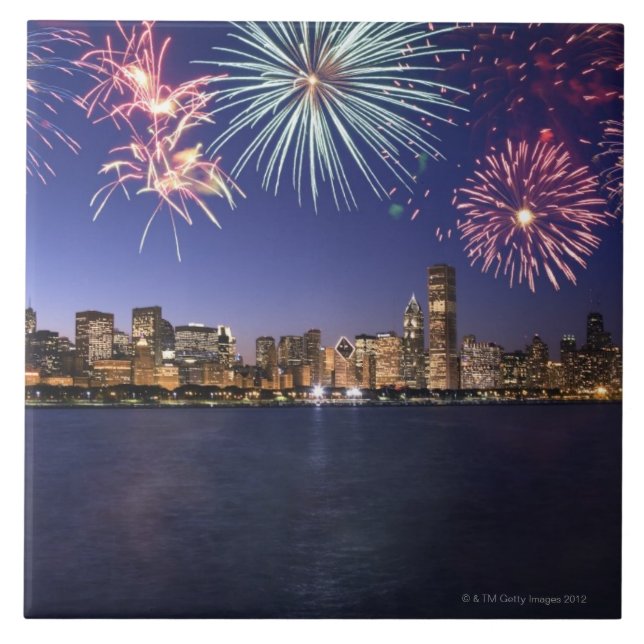 Fireworks over Chicago skyline 2 Tile (Front)