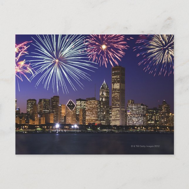 Fireworks over Chicago skyline Postcard (Front)